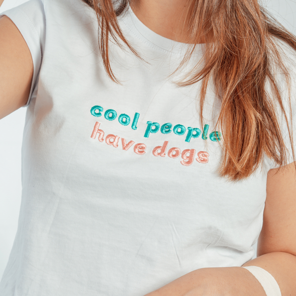 Women's embroidered t shirt - cool people have dogs (green & pink)