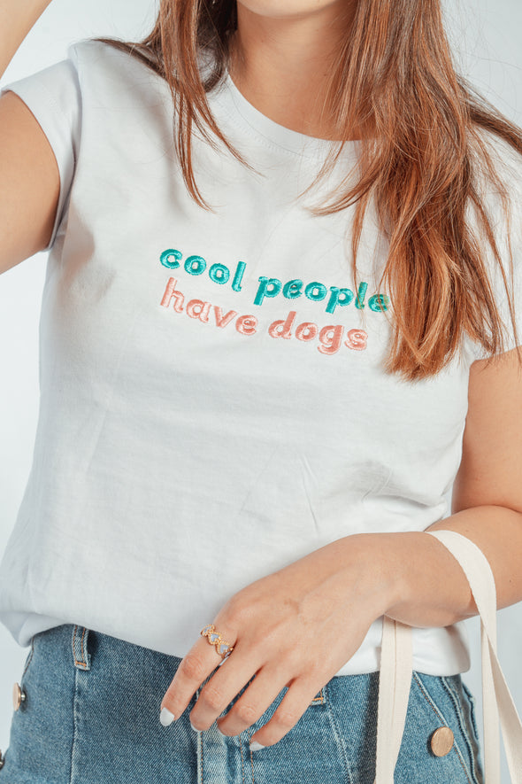 Women's embroidered t shirt - cool people have dogs (green & pink)